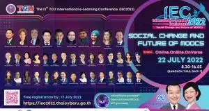 ขอเชิญลงทะเบียนร่วมงานประชุมวิชาการนานาชาติประจำปี The 13th TCU International e-Learning Conference 2022 วันศุกร์ที่ 22 กรกฎาคม 2565 จัดโดยThai MOOC และกระทรวงการอุดมศึกษา วิทยาศาสตร์ วิจัยและนวัตกรรม