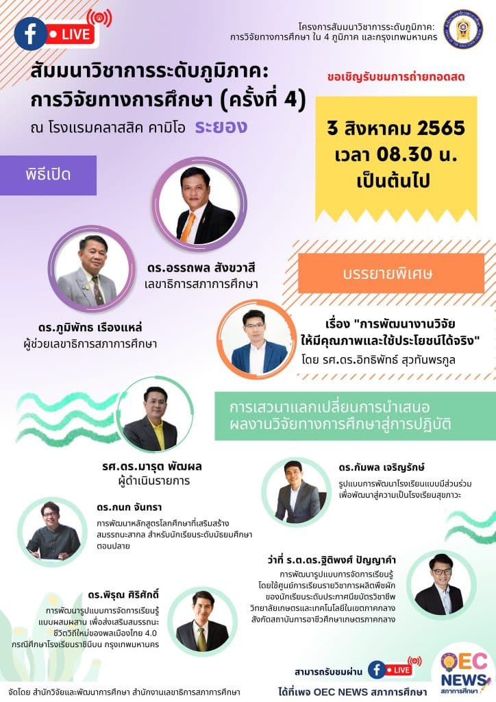 ลิงก์ลงทะเบียน เข้าร่วมการประชุมสัมมนาวิชาการระดับภูมิภาค การวิจัยทางการศึกษา ครั้งที่ 4 จังหวัดระยอง เวลา 08.30 - 14.00 น รับเกียรติบัตรฟรี โดยสภาการศึกษา (เปิดลงทะเบียนวันพุธที่ 27 กรกฎาคม 2565 เวลา 12.30 น.)