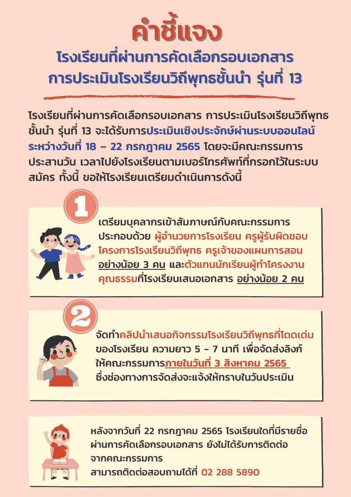 สพฐ.ประกาศรายชื่อโรงเรียนที่ผ่านการคัดเลือกรอบเอกสาร โรงเรียนวิถีพุทธชั้นนำ รุ่นที่ ๑๓ จำนวน ๑๓๖ โรงเรียน