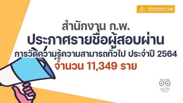 นายณฐวัฒน์ จิรโชติพัฒนสินสำนักงาน ก.พ. ประกาศรายชื่อผู้สอบผ่านการวัดความรู้ความสามารถทั่วไป ประจำปี 2564 จำนวน 11,349 ราย