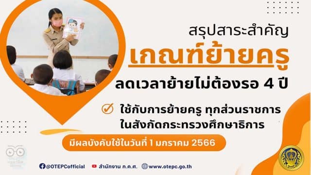 สรุปสาระสำคัญเกณฑ์ย้ายครู ลดเวลาย้ายไม่ต้องรอ 4 ปี การย้ายครูสังกัด ศธ. มีผลบังคับใช้ 1 มกราคม 2566