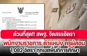 ด่วนที่สุด!! สพฐ. จัดสรรอัตราพนักงานราชการ ตำแหน่ง ครูผู้สอน 1,082 อัตรา ทุกเขตพื้นที่การศึกษา