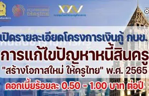 เปิดโครงการเงินกู้ กบข. เพื่อการแก้ไขปัญหาหนี้สินครู ของกระทรวงศึกษาธิการ "สร้างโอกาสใหม่ ให้ครูไทย" พ.ศ. 2565 ดอกเบี้ยร้อยละ 0.50 - 1.00 บาท ต่อปี