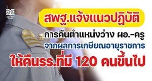 สพฐ.แจ้งแนวปฏิบัติการดำเนินการคืนตำแหน่งว่าง ผอ.-ครู จากผลการเกษียณอายุราชการ เมื่อสิ้นปีงบประมาณ พ.ศ. 2565 ให้คืนรร.ที่มี 120 คนขึ้นไป