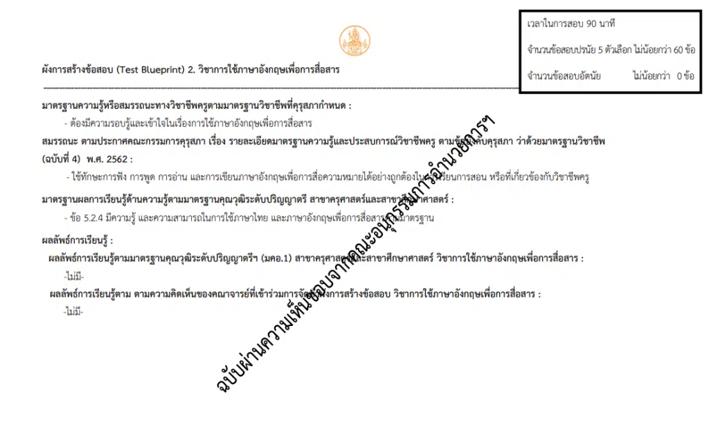 ดาวน์โหลด ผังการสร้างข้อสอบ Test Blueprint การทดสอบและประเมินสมรรถนะทางวิชาชีพครู การสอบใบประกอบวิชาชีพครู 2/2565 เปิดรับสมัครวันที่ 16 - 30 พฤศจิกายน 2565