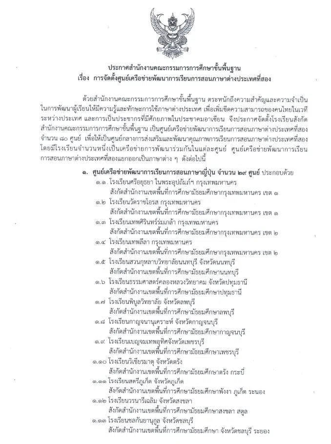 สพฐ.ประกาศจัดตั้งศูนย์เครือข่ายพัฒนาการเรียนการสอนภาษาต่างประเทศที่สอง ปี 2565 จำนวน 80 ศูนย์