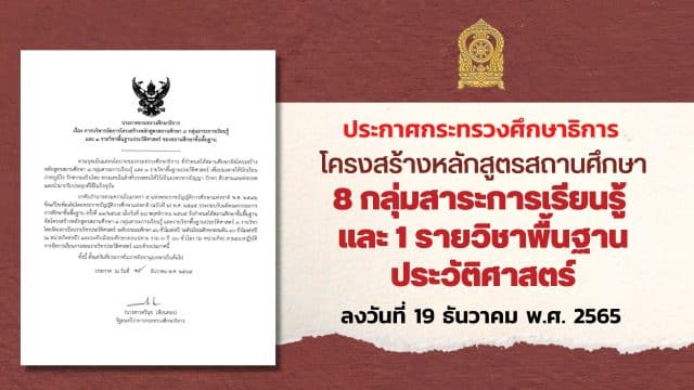 ประกาศกระทรวงศึกษาธิการ โครงสร้างหลักสูตรสถานศึกษา 8 กลุ่มสาระการเรียนรู้ และ 1 รายวิชาพื้นฐานประวัติศาสตร์ ลงวันที่ 19 ธันวาคม พ.ศ. 2565