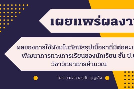 เผยแพร่ผลงานวิจัยในชั้นเรียน เรื่อง ผลของการใช้ผังมโนทัศน์สรุปเนื้อหาที่มีต่อคะแนนพัฒนาการทางการเรียนของนักเรียน ชั้นป.6 วิชาวิทยาการคำนวณ กลุ่มสาระการเรียนรู้วิทยาศาสตร์และเทคโนโลยี เรื่องการแสดงขั้นตอนการแก้ปัญหาด้วย flowchart