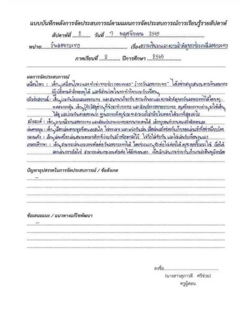 ตัวอย่างการบันทึกหลังแผนการจัดการเรียนรู้ บันทึกหลังแผนของประเด็นท้าทายใน PA