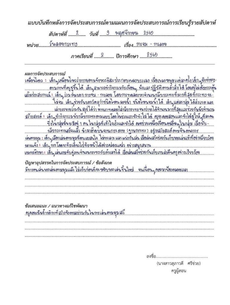 ตัวอย่างการบันทึกหลังแผนการจัดการเรียนรู้ บันทึกหลังแผนของประเด็นท้าทายใน PA