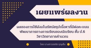 เผยแพร่ผลงานวิจัยในชั้นเรียน เรื่อง ผลของการใช้ผังมโนทัศน์สรุปเนื้อหาที่มีต่อคะแนนพัฒนาการทางการเรียนของนักเรียน ชั้นป.6 วิชาวิทยาการคำนวณ กลุ่มสาระการเรียนรู้วิทยาศาสตร์และเทคโนโลยี เรื่องการแสดงขั้นตอนการแก้ปัญหาด้วย flowchart