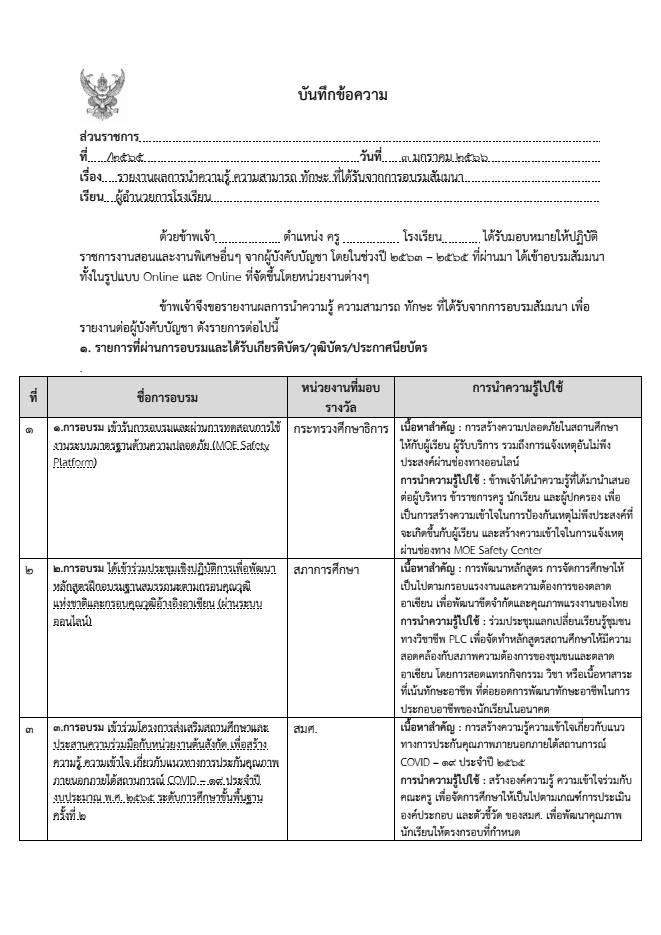 แบ่งปันไฟล์ตัวอย่าง "บันทึกข้อความรายงานผลการนำความรู้ ความสามารถ ทักษะ ที่ได้รับจากการอบรมสัมมนา" ประกอบเกณฑ์ตัวชี้วัดการย้ายครู ปี 2566 ข้อ 5.2 ไฟล์ Word (แก้ไขได้)