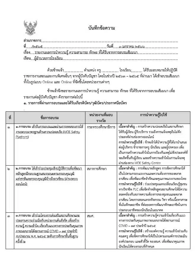 แบ่งปันไฟล์ตัวอย่าง "บันทึกข้อความรายงานผลการนำความรู้ ความสามารถ ทักษะ ที่ได้รับจากการอบรมสัมมนา" ประกอบเกณฑ์ตัวชี้วัดการย้ายครู ปี 2566 ข้อ 5.2 ไฟล์ Word (แก้ไขได้)