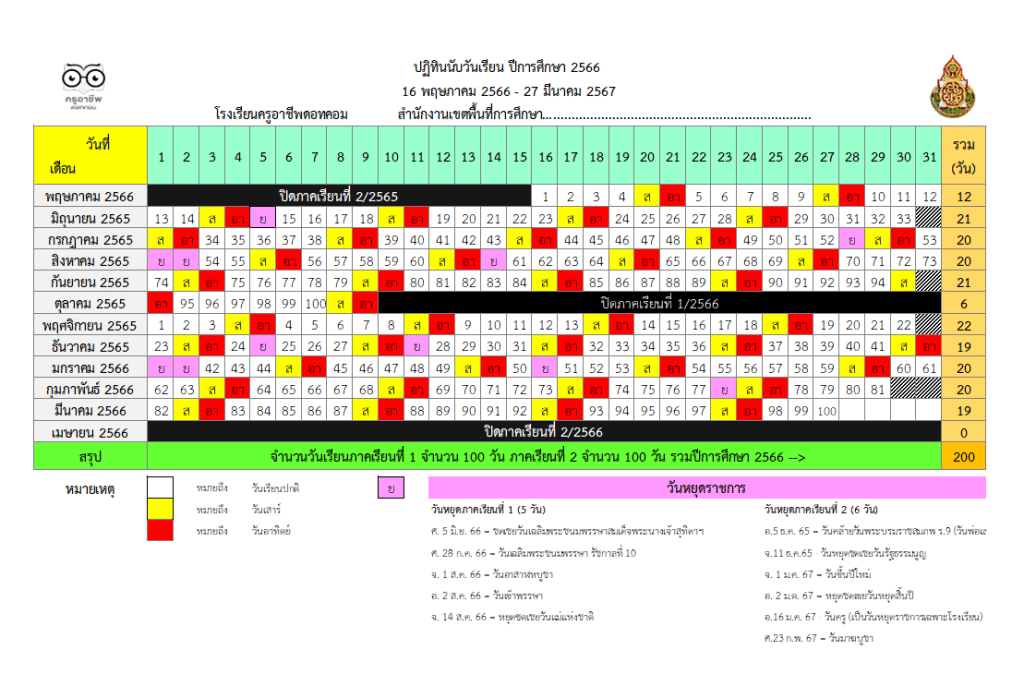 แจกไฟล์ ปฏิทินนับวันเรียนและปฏิทินการศึกษา ปีการศึกษา 2566 (รวมภาคเรียนที่ 1-2) ไฟล์ Excel แก้ไขได้ ดาวน์โหลดฟรี