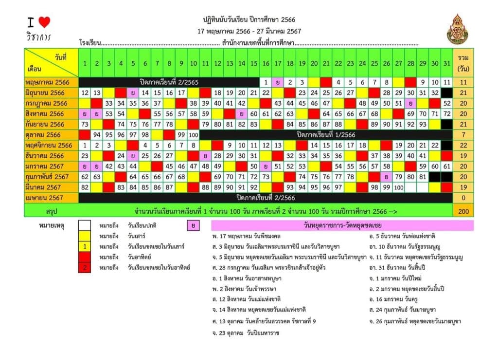 ดาวน์โหลดปฏิทินนับวันเรียน ปฏิทิน 200 วัน ปีการศึกษา 2566 ไฟล์ excel แก้ไขได้