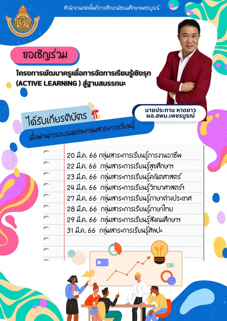 เกียรติบัตรฟรี!! อบรมโครงการ พัฒนาครูเพื่อการจัดการเรียนรู้เชิงรุก Active Learning สู่ฐานสมรรถนะ ประจำปีการศึกษา 2566 โดย สพม.เพชรบูรณ์