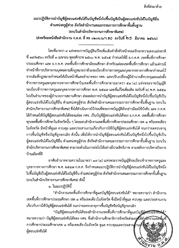 ว10/2566 แนวปฏิบัติการนำบัญชีผู้สอบแข่งขันได้ในบัญชีหนึ่งไปขึ้นบัญชีเป็นผู้สอบแข่งขันได้ในบัญชีอื่น ตำแหน่งครูผู้ช่วย สังกัด สพฐ. (ยกเว้น สศศ.)