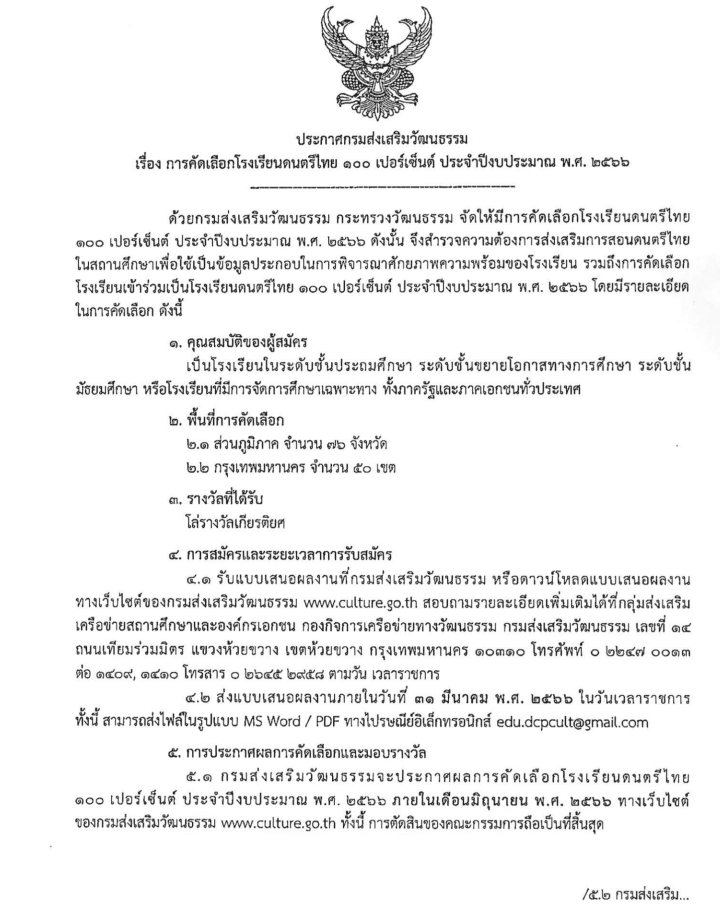 การคัดเลือกโรงเรียนดนตรีไทย ๑๐๐ เปอร์เซ็นต์ ประจำปีงบประมาณ พ.ศ. ๒๕๖๖