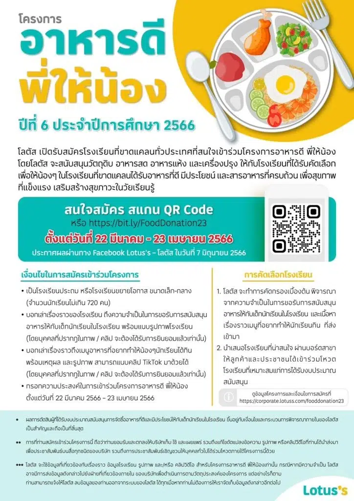 โลตัส เปิดรับสมัครโรงเรียนเข้าร่วมโครงการ อาหารดีพี่ให้น้อง ปีที่ 6 ปีการศึกษา 2566 เปิดรับสมัคร 22 มี.ค. – 23 เม.ย.66