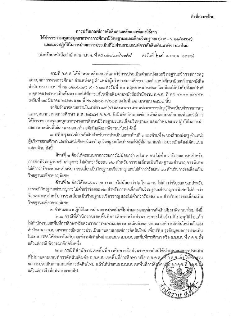 ก.ค.ศ.มีการปรับเกณฑ์การตัดสินตามหลักเกณฑ์และวิธีการให้ข้าราชการครูและบุคลากรทางการศึกษามีวิทยฐานะและเลื่อนวิทยฐานะ ปรับเกณฑ์การผ่าน PA ลงวันที่ 28 เมษายน 2566 