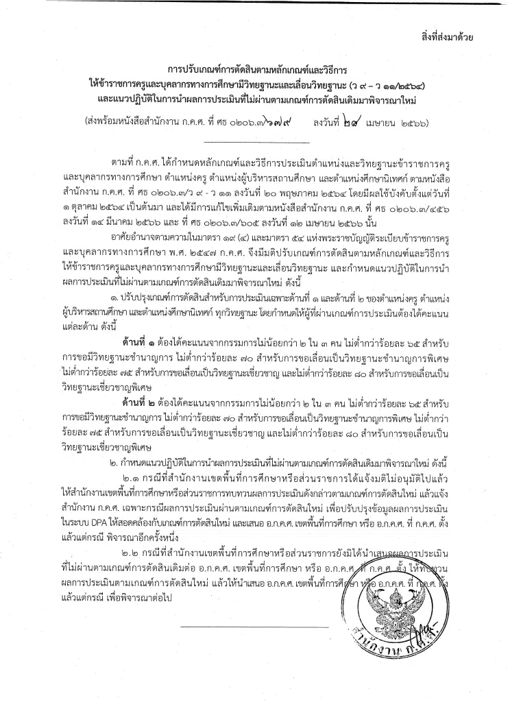 ก.ค.ศ.มีการปรับเกณฑ์การตัดสินตามหลักเกณฑ์และวิธีการให้ข้าราชการครูและบุคลากรทางการศึกษามีวิทยฐานะและเลื่อนวิทยฐานะ ปรับเกณฑ์การผ่าน PA ลงวันที่ 28 เมษายน 2566 