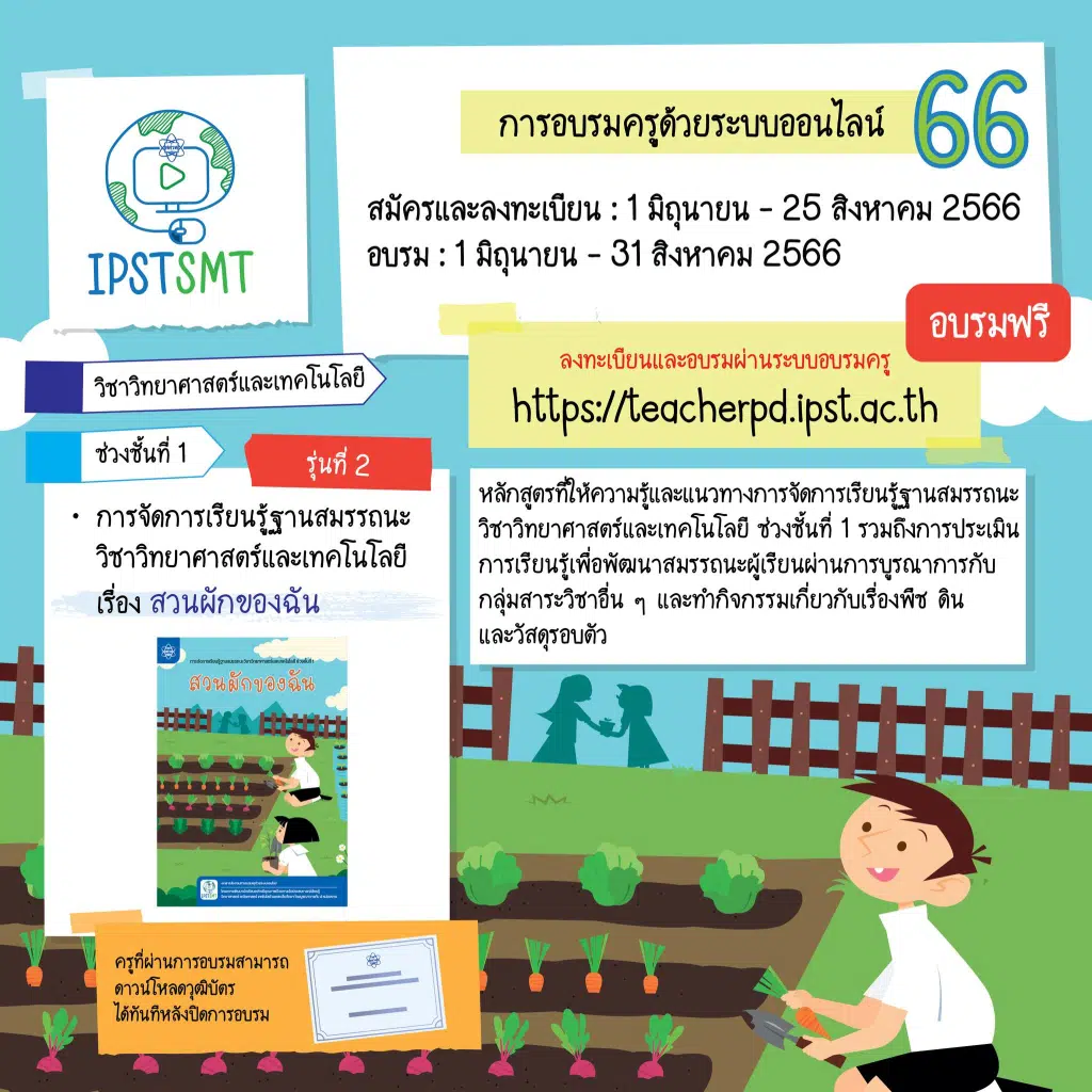 สสวท.เปิดรับสมัครการอบรมครูด้วยระบบออนไลน์ ประจำปี 2566 IPST SMT 2566 ลงทะเบียนได้ตั้งแต่วันที่ 1 มิถุนายน - 25 สิงหาคม 2566