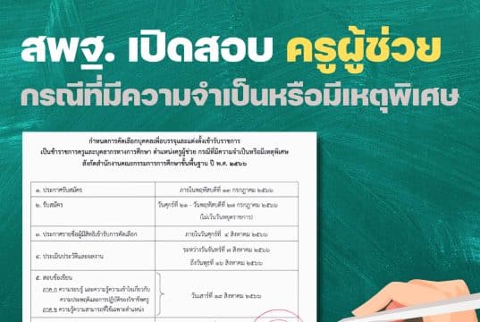 สพฐ. เปิดสอบครูผู้ช่วย กรณีที่มีความจำเป็นหรือมีเหตุพิเศษ รับสมัคร 21-27 กรกฎาคม 2566