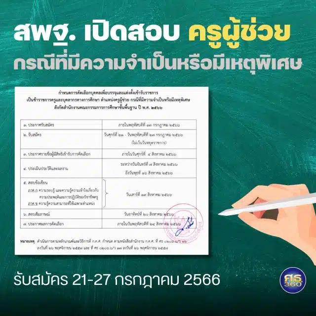 สพฐ. เปิดสอบครูผู้ช่วย กรณีที่มีความจำเป็นหรือมีเหตุพิเศษ รับสมัคร 21-27 กรกฎาคม 2566