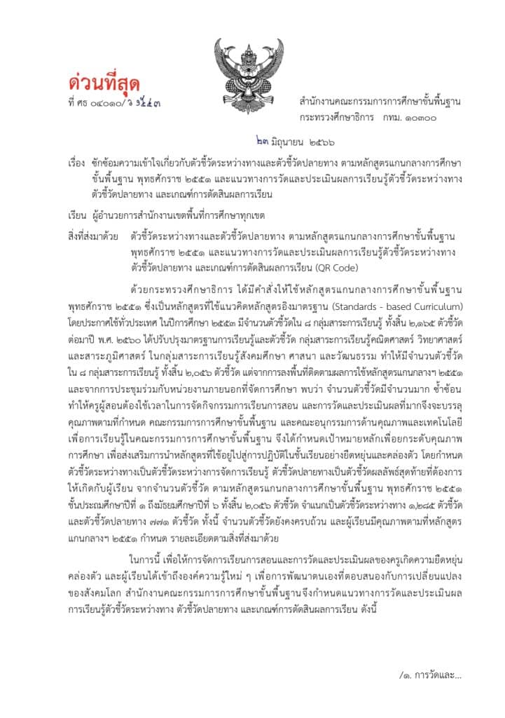 สพฐ.ซักซ้อมแนวทางการวัดและประเมินผลการเรียนรู้ตัวชี้วัดระหว่างทาง ตัวชี้วัดปลายทาง และเกณฑ์การตัดสินผลการเรียน