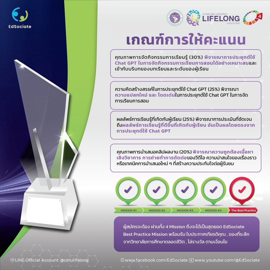 ขอเชิญทุกท่านร่วมกิจกรรม Best Practice Mission 2023 การใช้ความรู้จาก EdSociate Webinar รับโล่รางวัลจาก มหาวิทยาลัยเชียงใหม่ ทุกท่านที่ส่งผลงาน จะได้รับประกาศนียบัตรรับรองการเข้าร่วมกิจกรรม