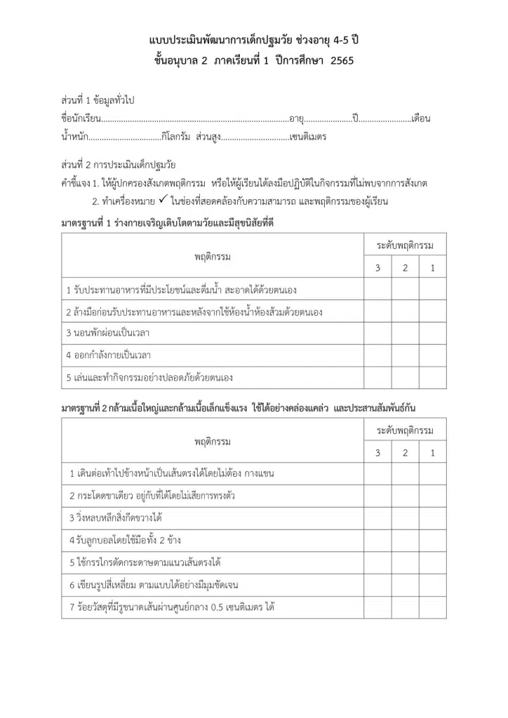 ลิงก์ดาวน์โหลด แบบประเมินพัฒนาการเด็กปฐมวัย ช่วงอายุ 4-5 ปี ไฟล์ doc แก้ไขได้