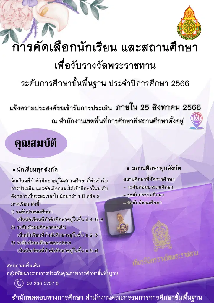 การคัดเลือกนักเรียนและสถานศึกษา เพื่อรับรางวัลพระราชทาน ระดับการศึกษาขั้นพื้นฐาน ประจำปีการศึกษา 2566