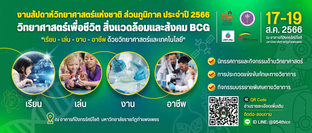 ขอเชิญทำแบบสอบถาม นิทรรศการและนวัตกรรม งานสัปดาห์วิทยาศาสตร์แห่งชาติส่วนภูมิภาค ประจำปี 2566 รับเกียรติบัตรทันที โดยมหาวิทยาลัยราชภัฏกำแพงเพชร