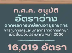 ก.ค.ศ. อนุมัติการจัดสรรอัตราว่างจากผลการเกษียณอายุราชการ ของข้าราชการครูและบุคลากรทางการศึกษา เมื่อสิ้นปีงบประมาณ พ.ศ. 2566 จำนวนทั้งสิ้น 16,019 อัตรา