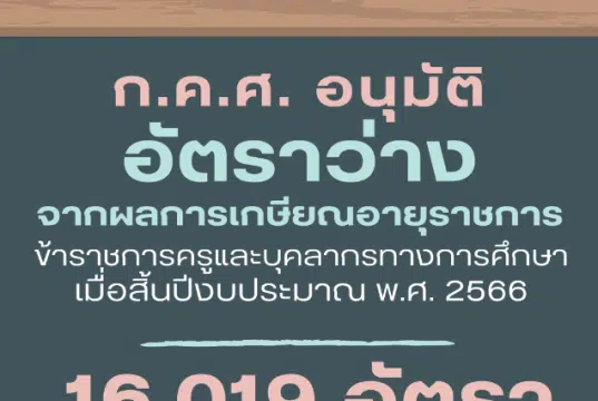 ก.ค.ศ. อนุมัติการจัดสรรอัตราว่างจากผลการเกษียณอายุราชการ ของข้าราชการครูและบุคลากรทางการศึกษา เมื่อสิ้นปีงบประมาณ พ.ศ. 2566 จำนวนทั้งสิ้น 16,019 อัตรา