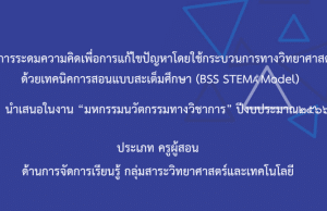 เผยแพร่ผลงาน การระดมความคิดเพื่อการแก้ไขปัญหาโดยใช้กระบวนการทางวิทยาศาสตร์ ด้วยเทคนิคการสอนแบบสะเต็มศึกษา โดยนางสาวณัชพร หล้าใหม่ โรงเรียนบ้านสันทราย