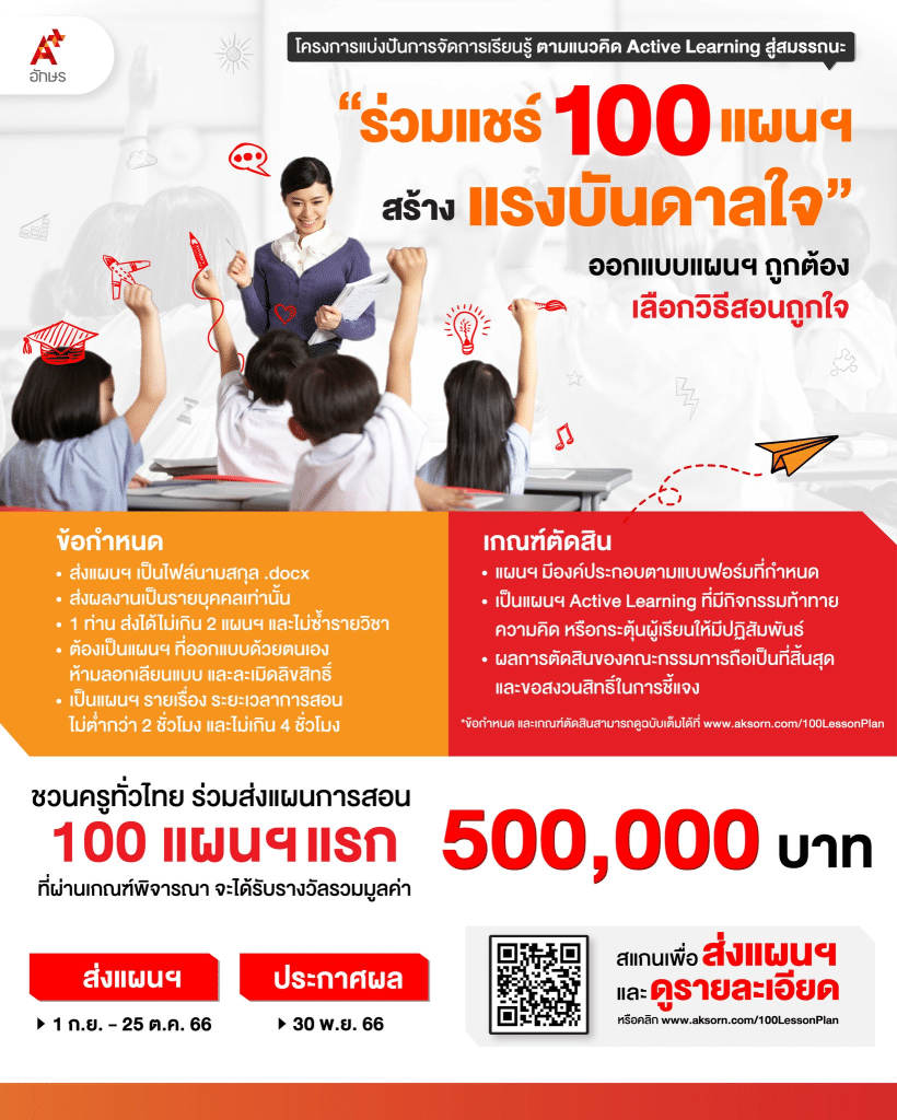 อักษรเชิญชวนครูทั่วประเทศ ร่วมแชร์ 100 แผนฯ สร้างแรงบันดาลใจ รับเกียรติบัตร และเงินรางวัล จากอักษรเจริญทัศน์