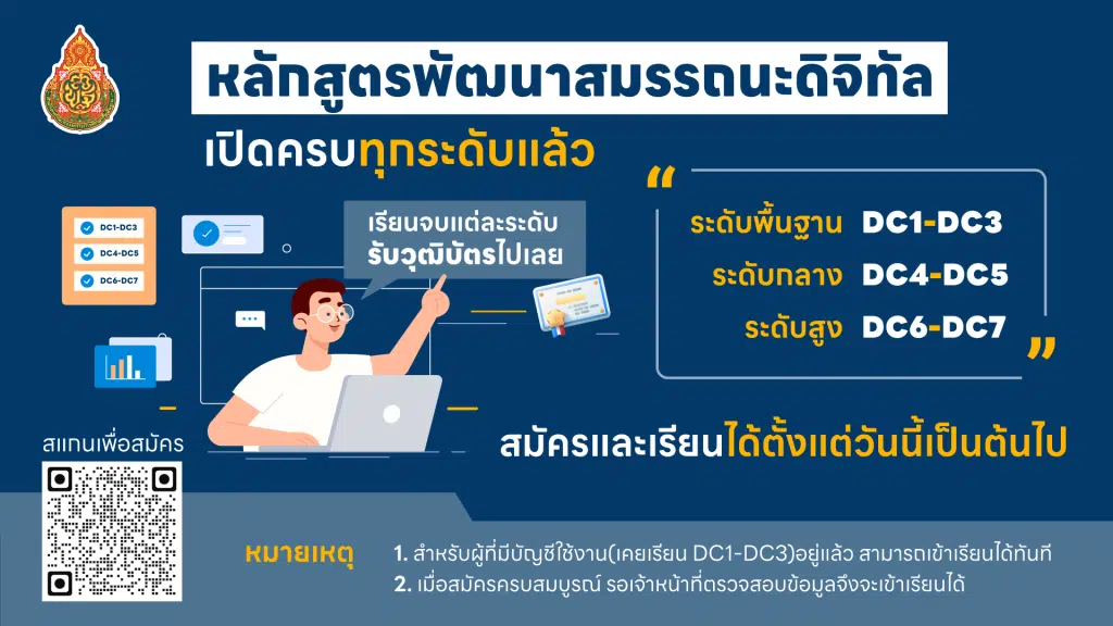 เปิดแล้ว ลิงก์สมัครอบรมโครงการพัฒนาสมรรถนะดิจิทัล ระดับกลาง DC4-DC7 ปี 2566 สำหรับครูสังกัด สพฐ. 