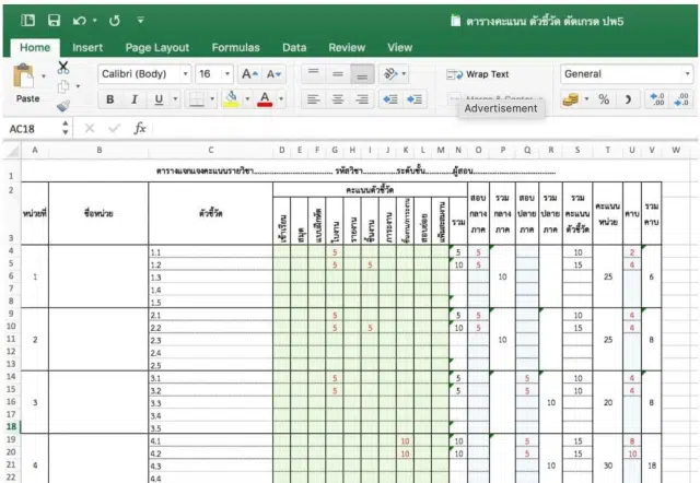ดาวน์โหลดไฟล์ Excel ตารางคะแนน ตัวชี้วัด ตัดเกรด ปพ5 สำหรับครูทุกระดับชั้น