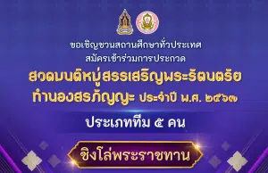 กรมการศาสนา ขอเชิญชวนสถานศึกษาทั่วประเทศ ร่วมสมัครการประกวด สวดมนต์หมู่สรรเสริญพระรัตนตรัยทำนองสรภัญญะ ประจำปี พ.ศ. ๒๕๖๗ ประเภททีม ๕ คน ชิงโล่พระราชทาน สมเด็จพระกนิษฐาธิราชเจ้า กรมสมเด็จพระเทพรัตนราชสุดาฯ สยามบรมราชกุมารี