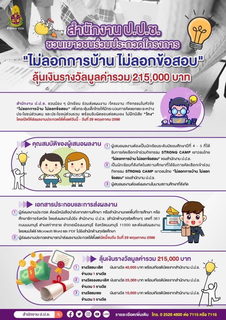 ป.ป.ช. เชิญชวนเยาวชนร่วมประกวดแผนงาน/โครงการ/กิจกรรม “ไม่ลอกการบ้าน ไม่ลอกข้อสอบ” ส่งผลงานถึง 5 เมษายน 2567