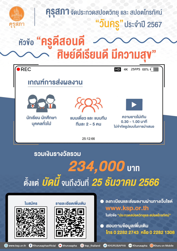 คุรุสภาจัดประกวดสปอตวิทยุและสปอตโทรทัศน์วันครู ประจำปี 2567 หัวข้อ “ครูดีสอนดี ศิษย์ดีเรียนดี มีความสุข” ชิงเงินรางวัลรวม 234,000 บาท