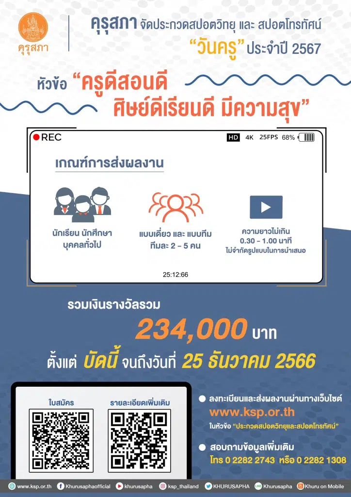 คุรุสภาจัดประกวดสปอตวิทยุและสปอตโทรทัศน์วันครู ประจำปี 2567 หัวข้อ “ครูดีสอนดี ศิษย์ดีเรียนดี มีความสุข” ชิงเงินรางวัลรวม 234,000 บาท