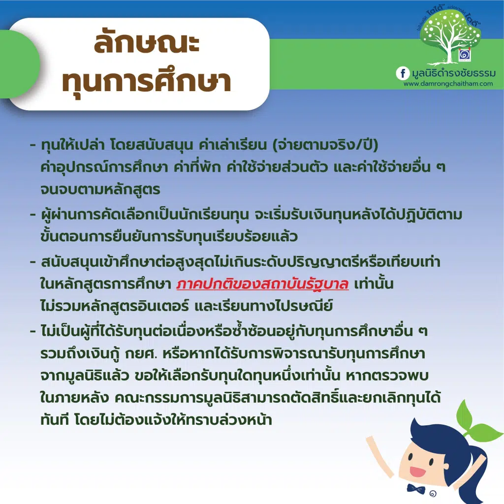 มูลนิธิดำรงชัยธรรม เปิดรับสมัครทุนการศึกษาระดับปริญญาตรี โครงการทุน "สร้างคน สร้างบัณฑิต" รุ่นที่ 23/2567 เปิดรับสมัครวันนี้ - 31 มกราคม 2567