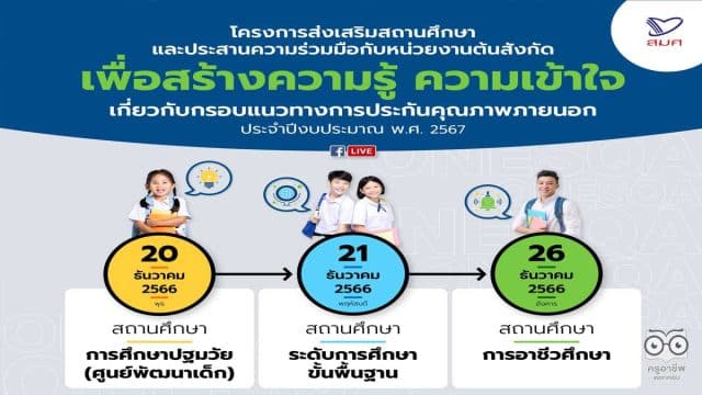 ลงทะเบียนรับฟังการบรรยายผ่าน Facebook Live หัวข้อ กรอบแนวทางการประกันคุณภาพภายนอกสถานศึกษา การศึกษาปฐมวัย ระดับการศึกษาขั้นพื้นฐาน วันที่ 20 ธันวาคม 2566 รับเกียรติบัตรออนไลน์ จาก สมศ.