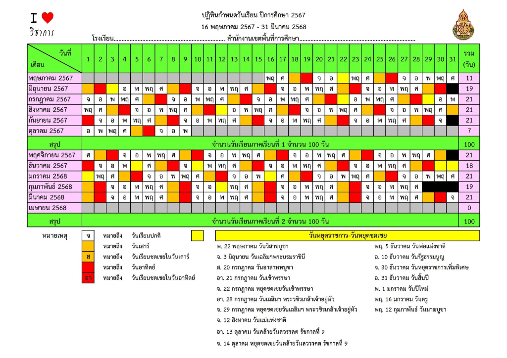 แจกไฟล์ ปฏิทินกำหนดวันเรียน และปฏิทินนับวันมาเรียน ปีการศึกษา 2567 ภาคเรียนที่ 1-2 ไฟล์ Excel สามารถปรับแก้ไขเป็นของโรงเรียนได้ โดยเพจวิชาการ 