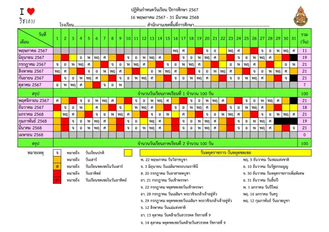 แจกไฟล์ ปฏิทินกำหนดวันเรียน และปฏิทินนับวันมาเรียน ปีการศึกษา 2567 ภาคเรียนที่ 1-2 ไฟล์ Excel สามารถปรับแก้ไขเป็นของโรงเรียนได้ โดยเพจวิชาการ