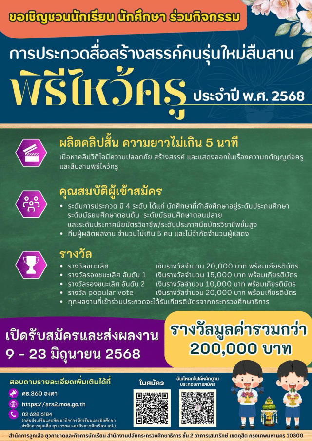 เชิญชวนส่งผลงานเข้าประกวดสื่อสร้างสรรค์คนรุ่นใหม่ สืบสานพิธีไหว้ครู ประจำปี พ.ศ. ๒๕๖๘