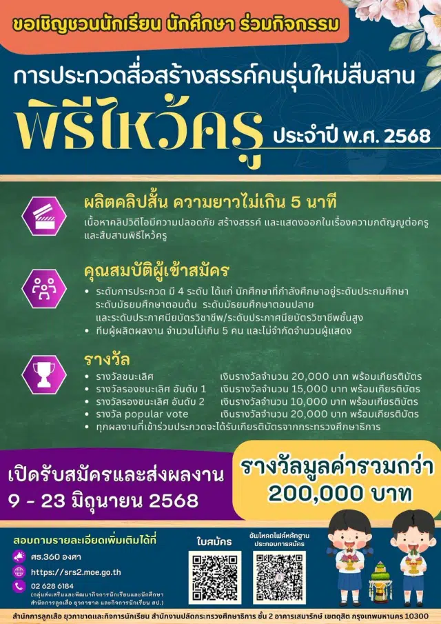 เชิญชวนส่งผลงานเข้าประกวดสื่อสร้างสรรค์คนรุ่นใหม่ สืบสานพิธีไหว้ครู ประจำปี พ.ศ. ๒๕๖๘