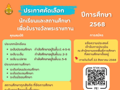 ประกาศการคัดเลือกนักเรียนและสถานศึกษา เพื่อรับรางวัลพระราชทาน ระดับการศึกษาขั้นพื้นฐาน ประจำปีการศึกษา 2568 แจ้งความประสงค์สมัครเข้ารับการประเมิน ภายในวันที่ 22 สิงหาคม 2568 ณ สำนักงานเขตพื้นที่การศึกษาที่สถานศึกษานั้นตั้งอยู่